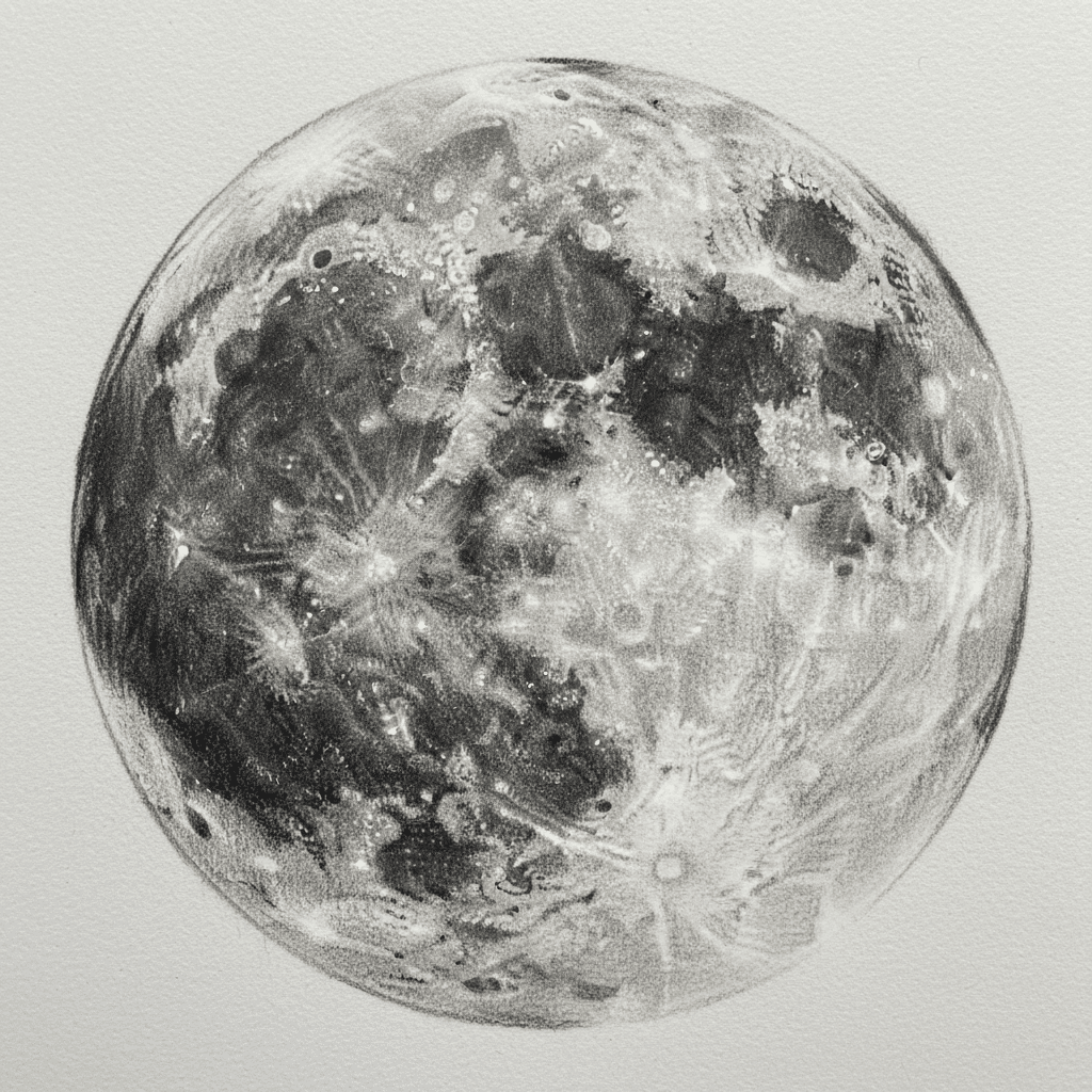 Detailed pencil drawing of a full moon showcasing intricate lunar features and textures on a light background.