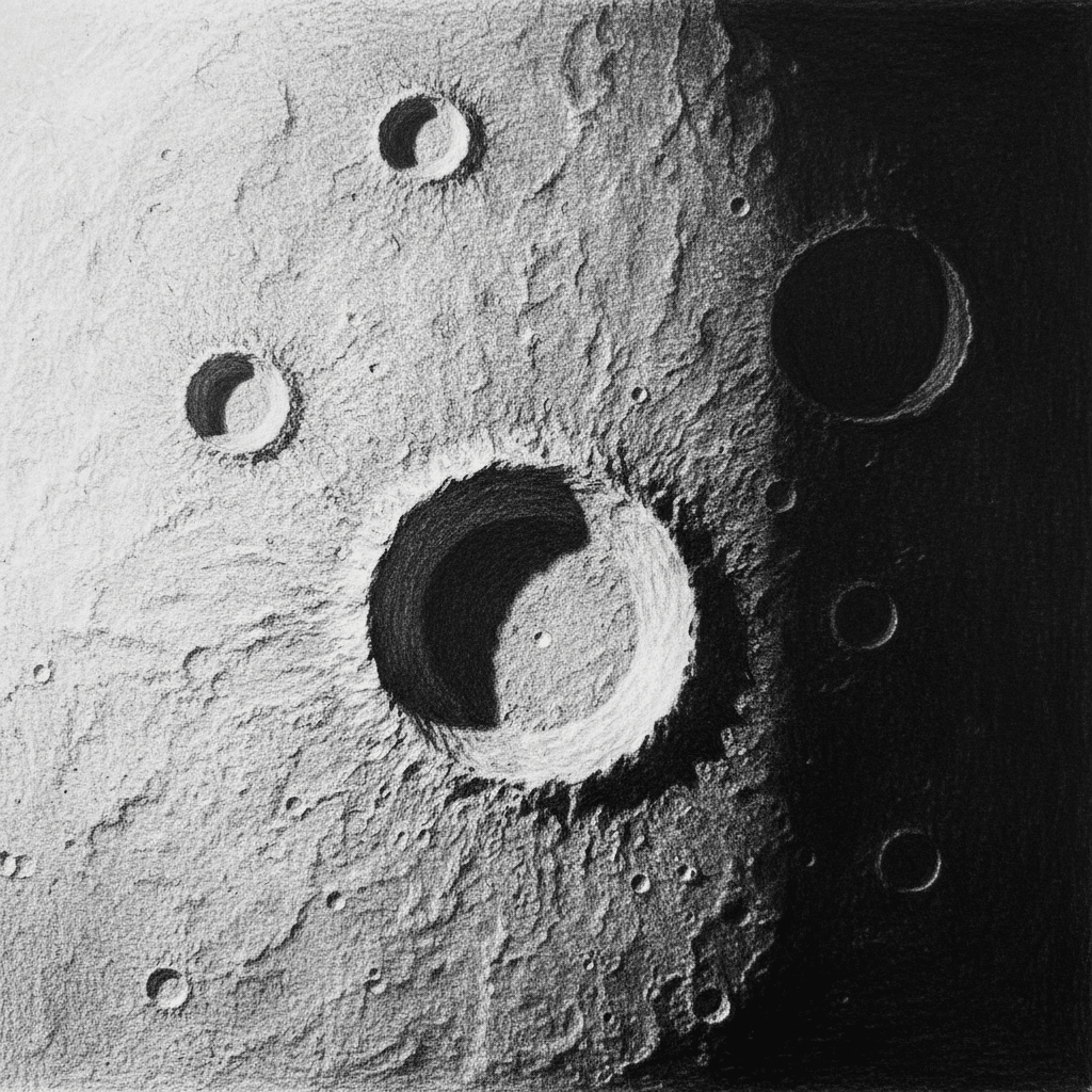 Detailed pencil drawing of lunar craters, showcasing textured surfaces and shadows on the moon. Perfect for space and art enthusiasts.
