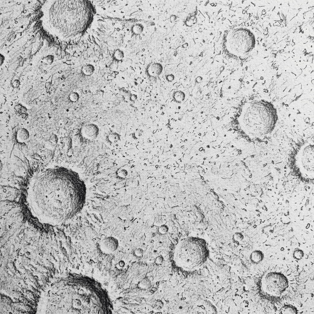 Pencil sketch of Moon's cratered surface, capturing detailed textures and shadows for artistic lunar landscape illustration.