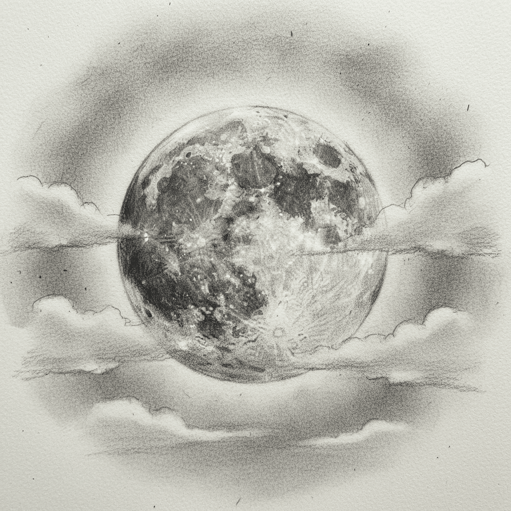 Sketch of a full moon with surrounding clouds, showcasing intricate lunar details and a soft, ethereal atmosphere.