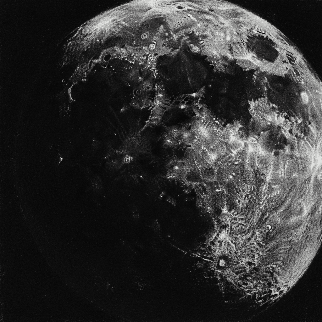 Black and white view of a moon's surface with detailed craters and textures against a dark space background.