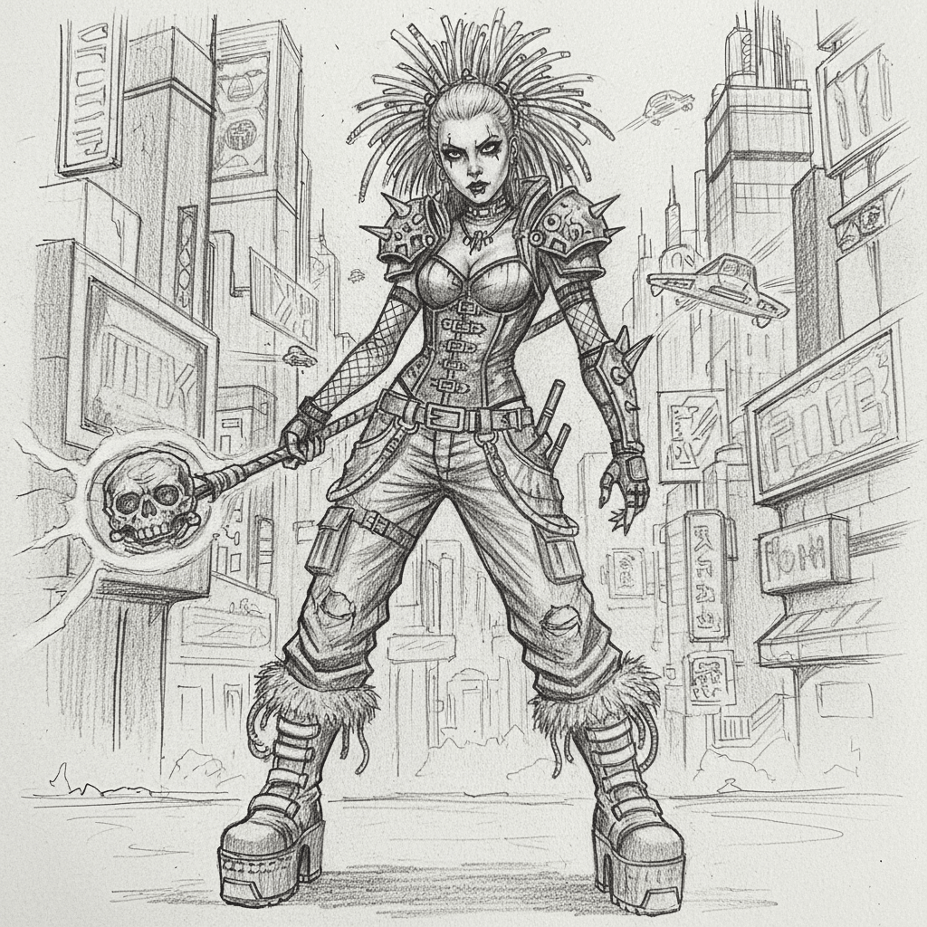 Futuristic warrior with spiked armor and a staff, standing in a sci-fi cityscape with flying cars and neon signs. Black and white sketch.