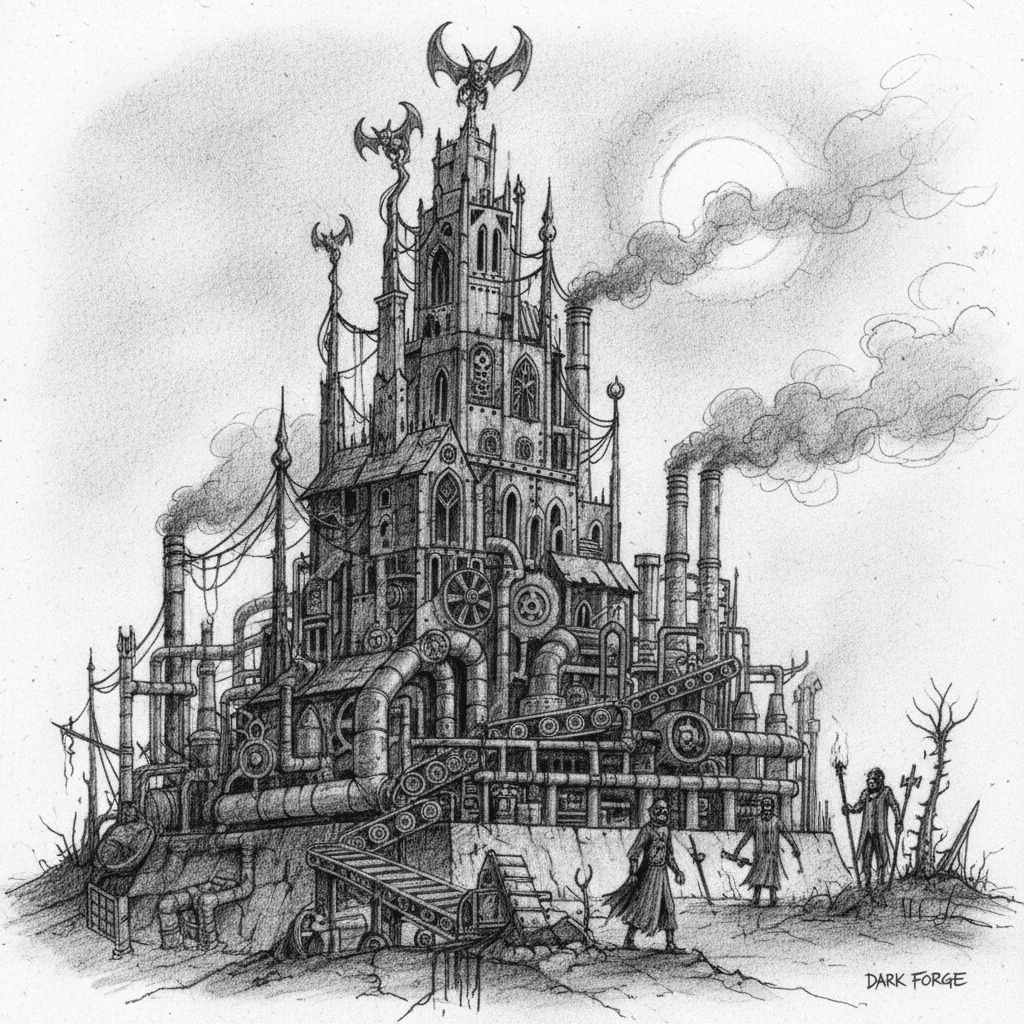 Steampunk castle with gears and smoke stacks under a cloudy sky, illustrating industrial fantasy architecture.