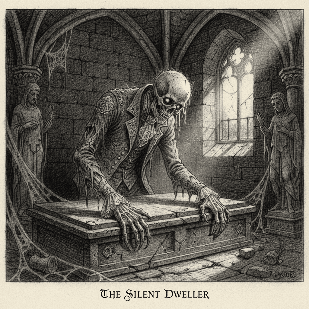 Creepy skeletal figure in gothic attire leans over a stone coffin inside an eerie, cobwebbed cathedral with statues and arched windows.