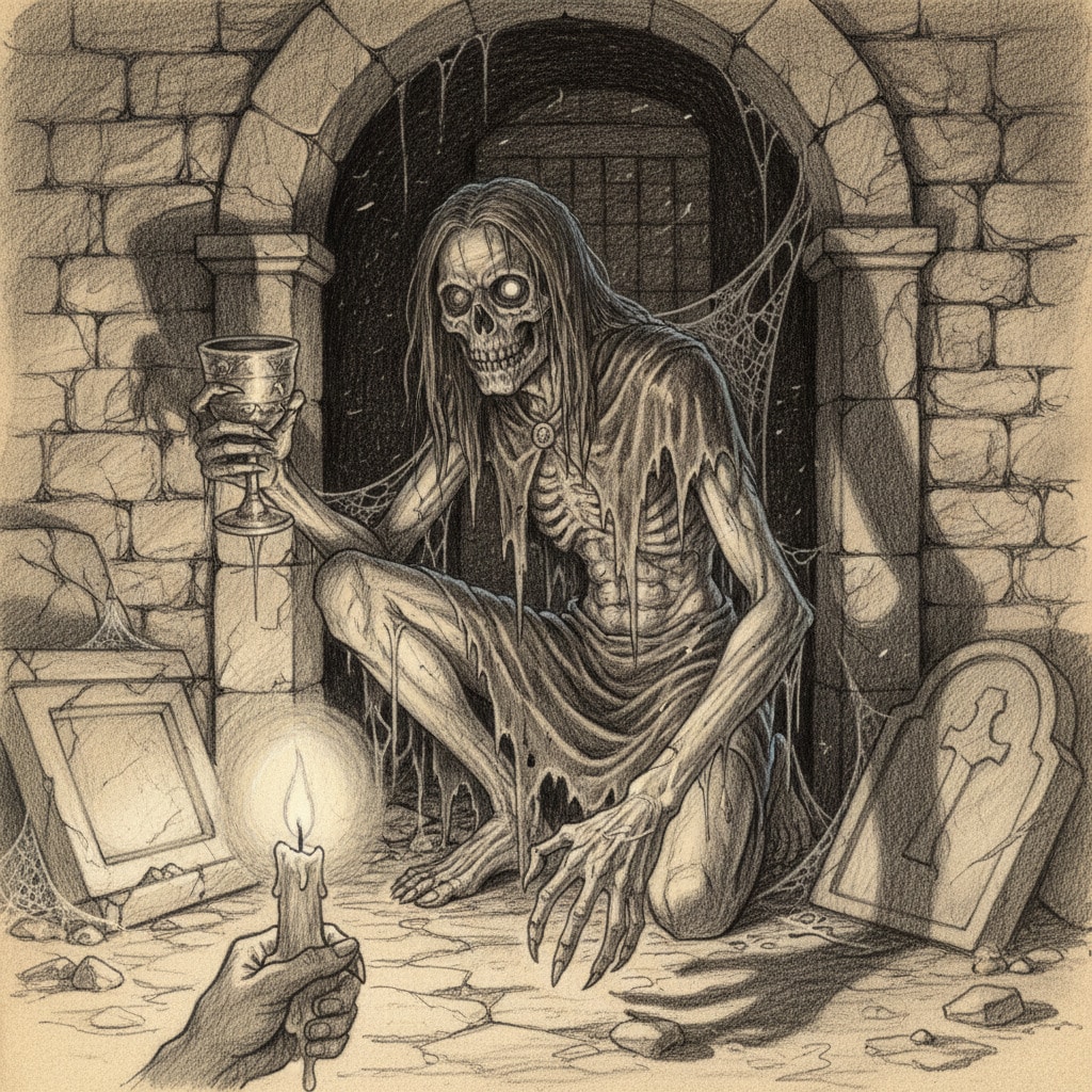 A skeletal figure with long hair holds a goblet in a dark, cobwebbed crypt, illuminated by candlelight. Eerie, gothic atmosphere.
