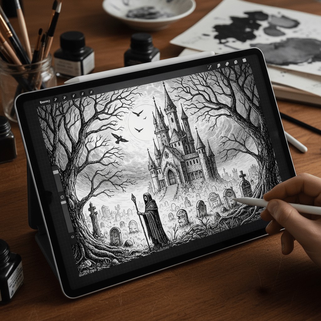 Digital drawing of a haunted castle in a misty graveyard on a tablet screen, with trees and a cloaked figure under a full moon.
