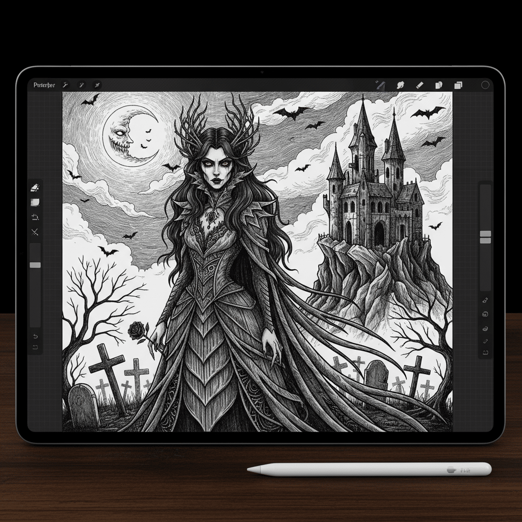 Gothic illustration of a haunting female figure with antler-like hair, in front of a castle under a full moon, displayed on a tablet screen.