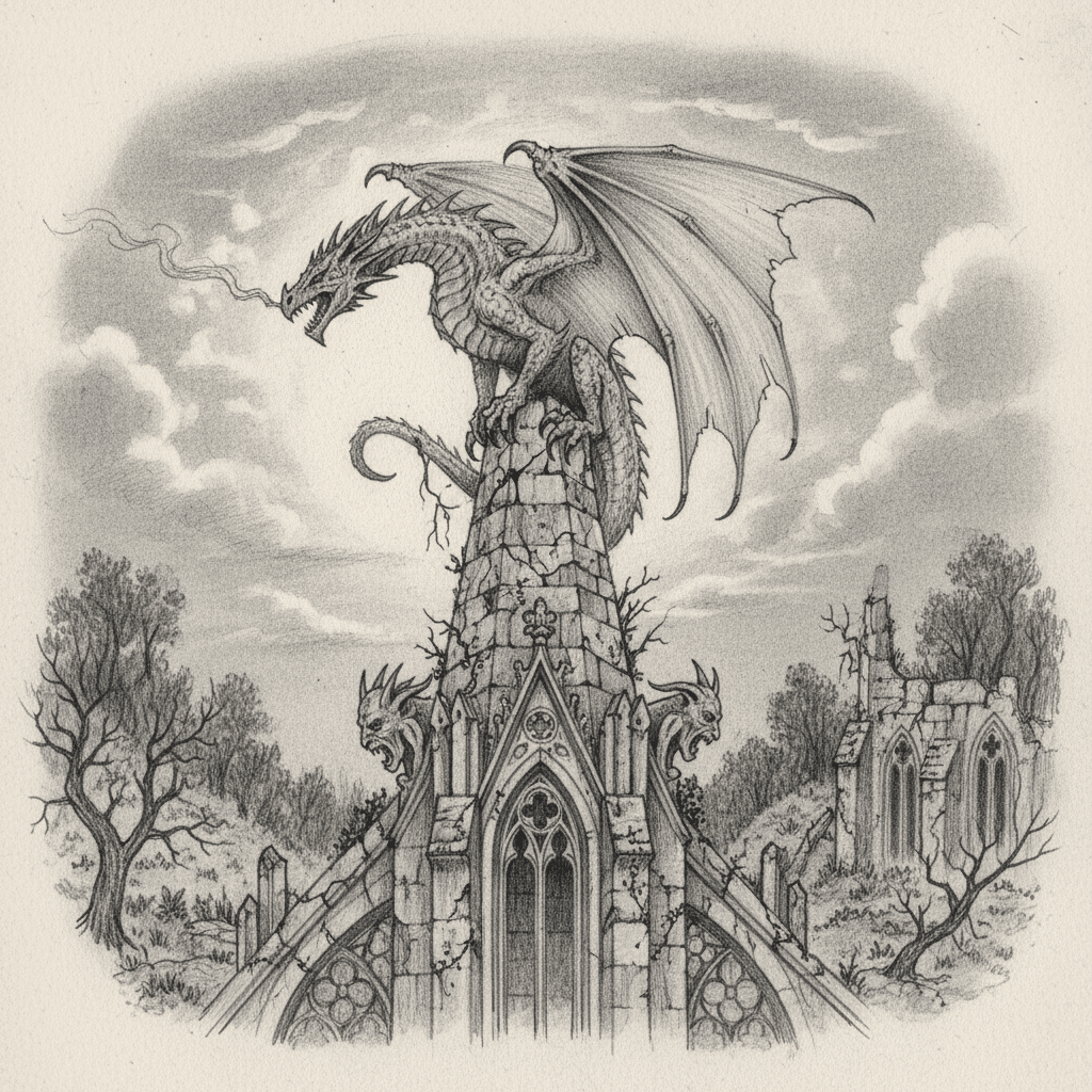 Gothic-style drawing of a dragon perched on a dilapidated tower, exhaling smoke, with a cloudy sky and ruins in the background.