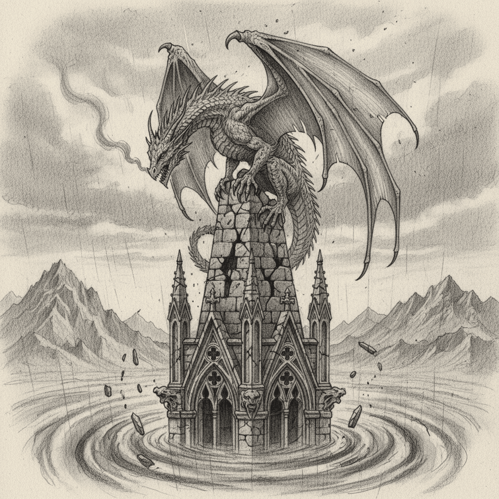 Pencil drawing of a fierce dragon perched on a gothic tower surrounded by swirling water, set against a mountain backdrop.