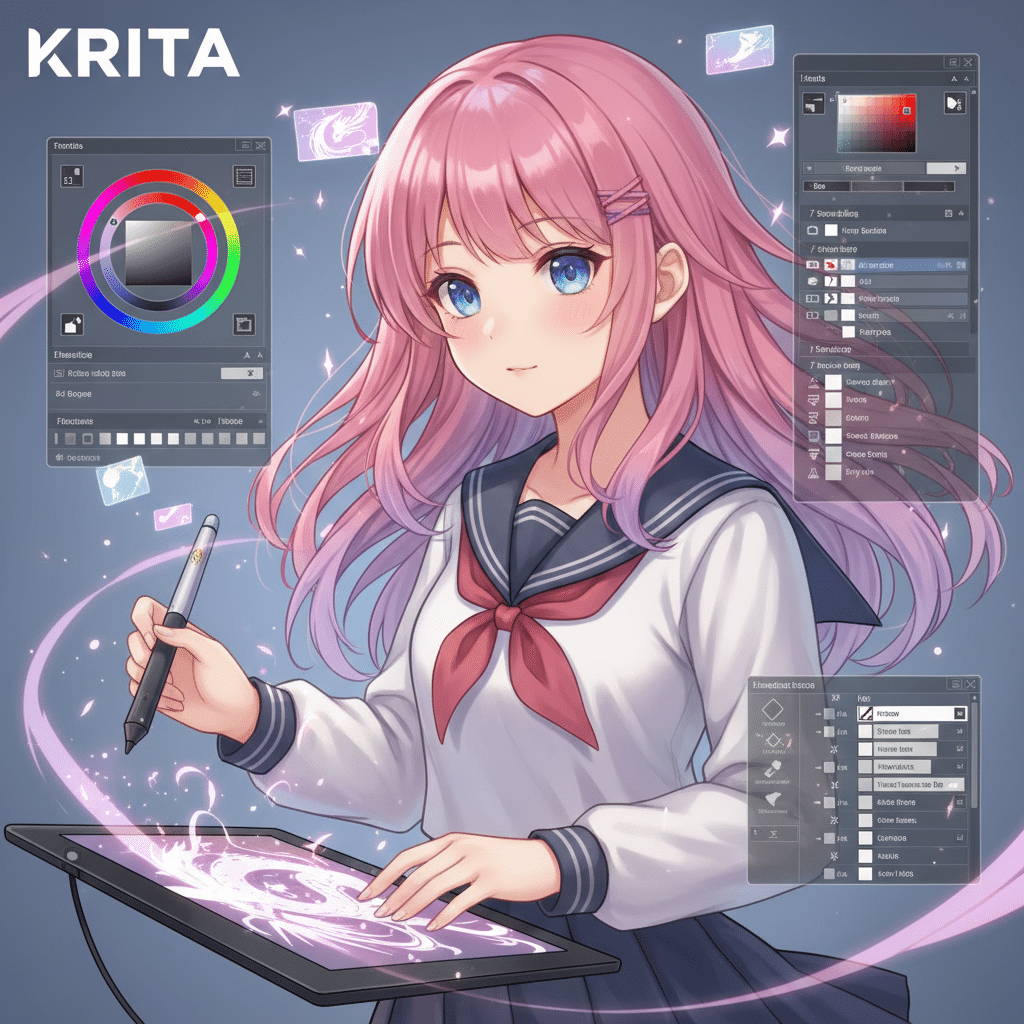 Anime artist creates digital art using Krita on a tablet, showcasing creativity with vibrant colors and dynamic brush effects.