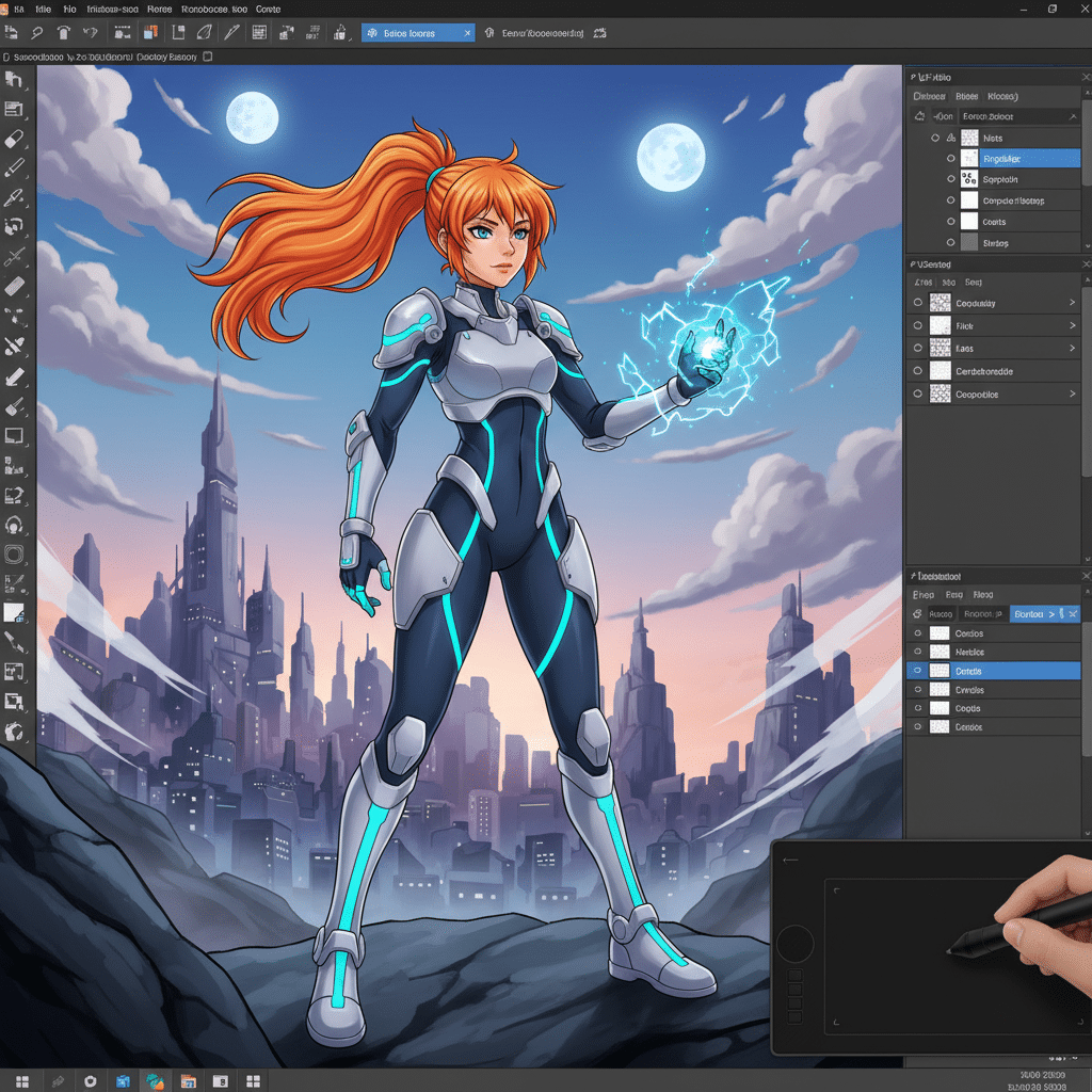 Digital art of a futuristic warrior in a high-tech cityscape, created on a drawing tablet.