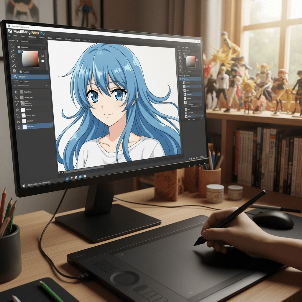 Artist using a digital tablet to create anime artwork on a computer, with figurines and books in the background.