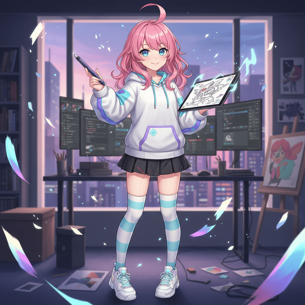 Anime girl with pink hair in a modern art studio, holding a digital tablet and stylus, surrounded by glowing effects and creative tools.