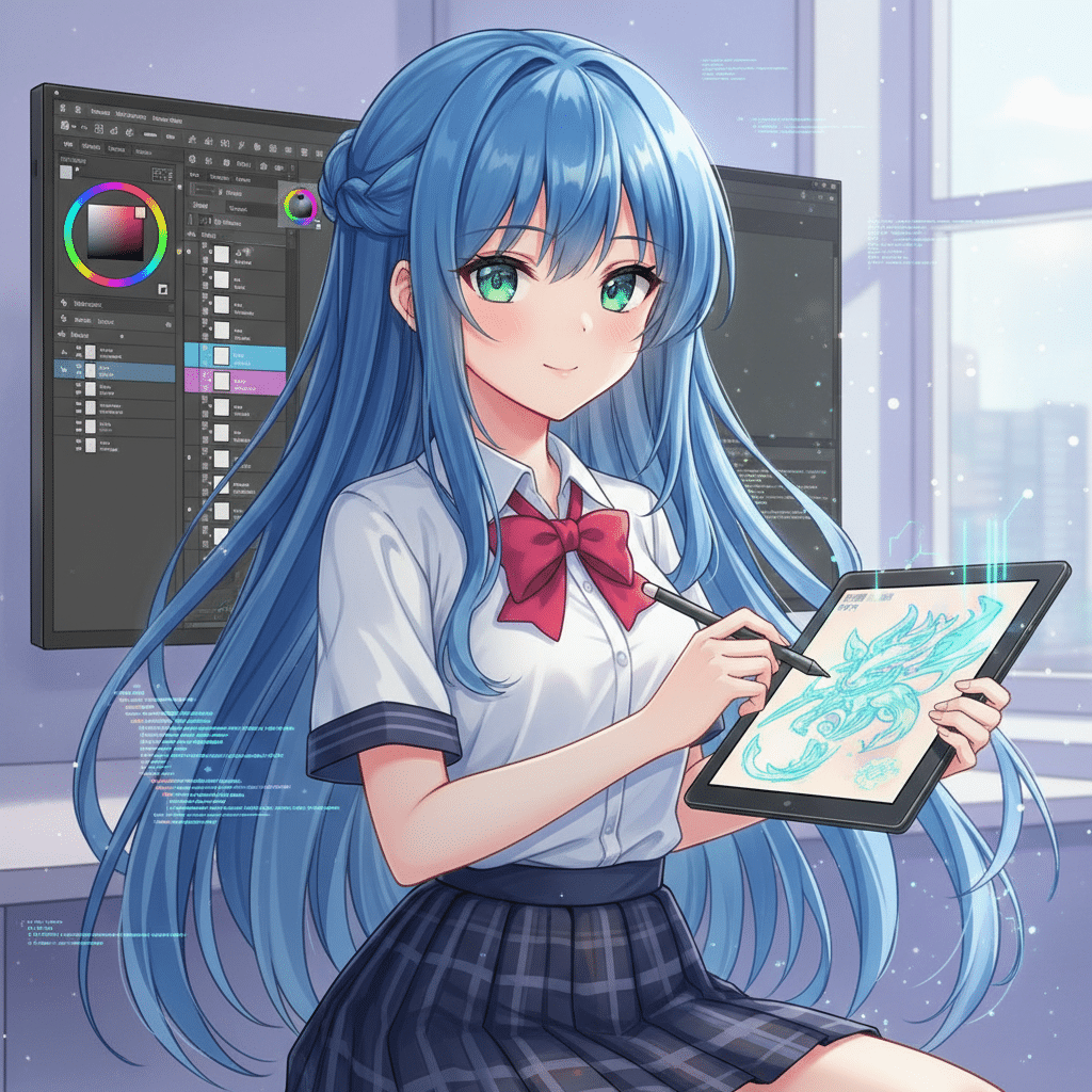Anime girl with blue hair drawing on a tablet in a digital art studio, wearing a school uniform and smiling at the camera.