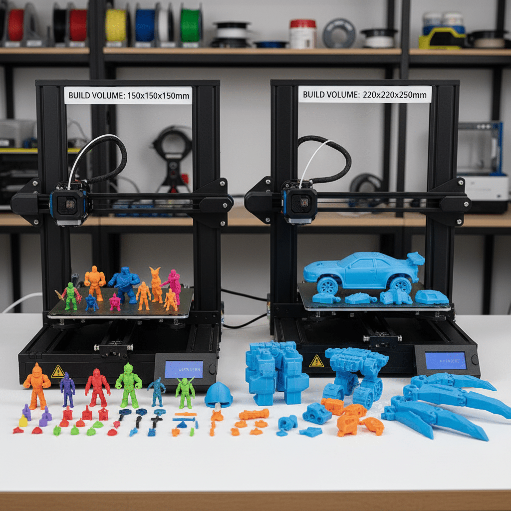 Two 3D printers on a desk, showcasing colorful and blue model figures. One has a build volume of 150x150x150mm, the other 220x220x250mm.