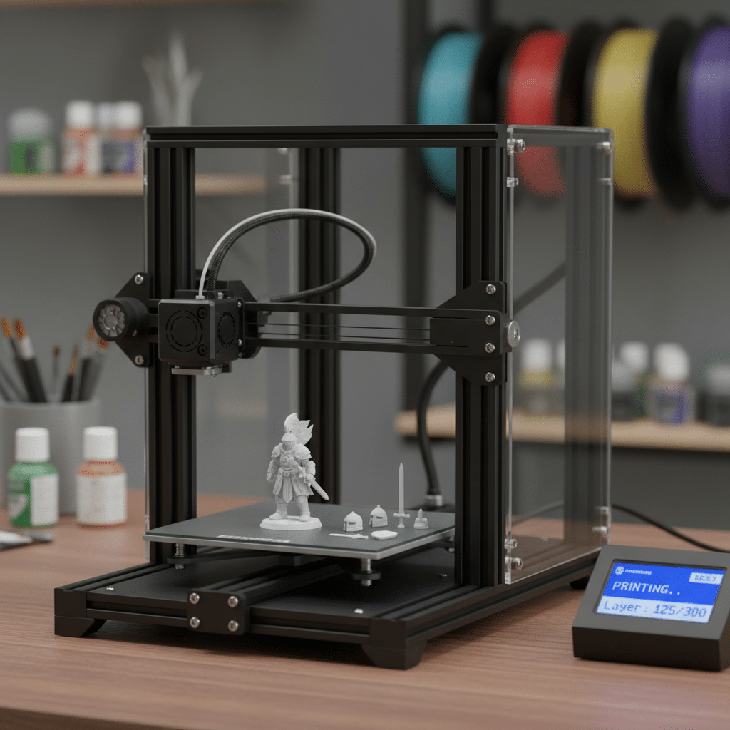 3D printer creating a detailed miniature warrior figure with accessories on a wooden table in a workshop setting.