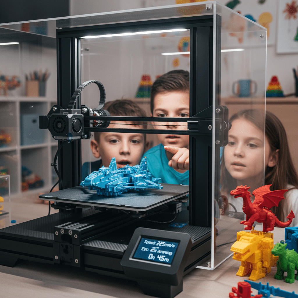 Kids watching a 3D printer creating a blue toy airplane, surrounded by colorful models, in an educational playroom setting.