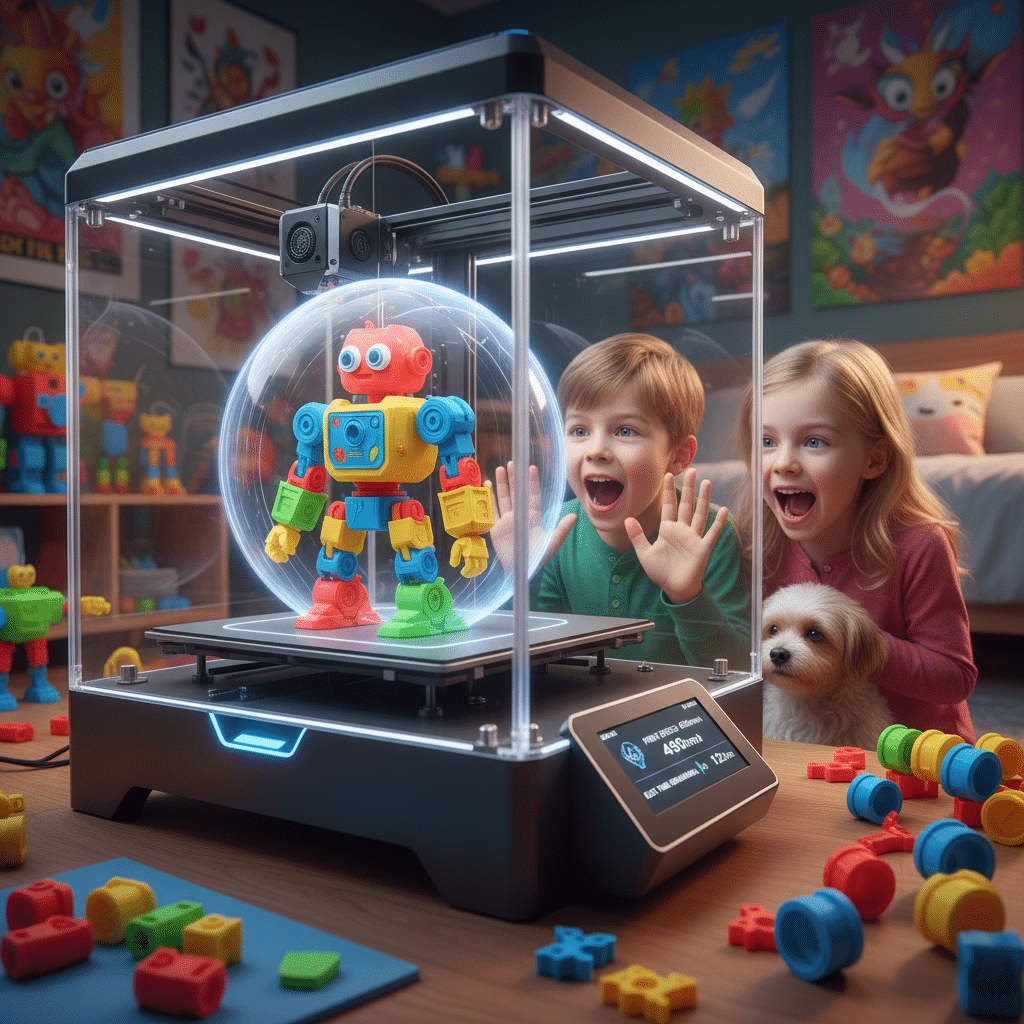 Children excitedly watch a colorful robot being printed in a 3D printer at home, illustrating modern technology and creative play.