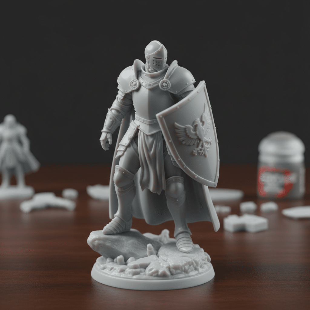Knight figurine with shield and armor on a wooden table, surrounded by painting supplies.