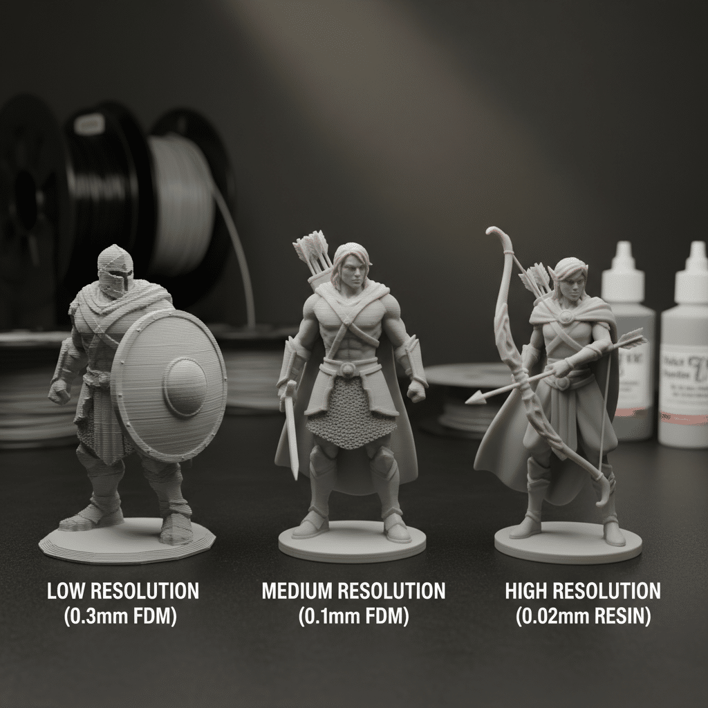 Three 3D printed fantasy figures showing different resolutions: low (0.3mm FDM), medium (0.1mm FDM), high (0.02mm resin).