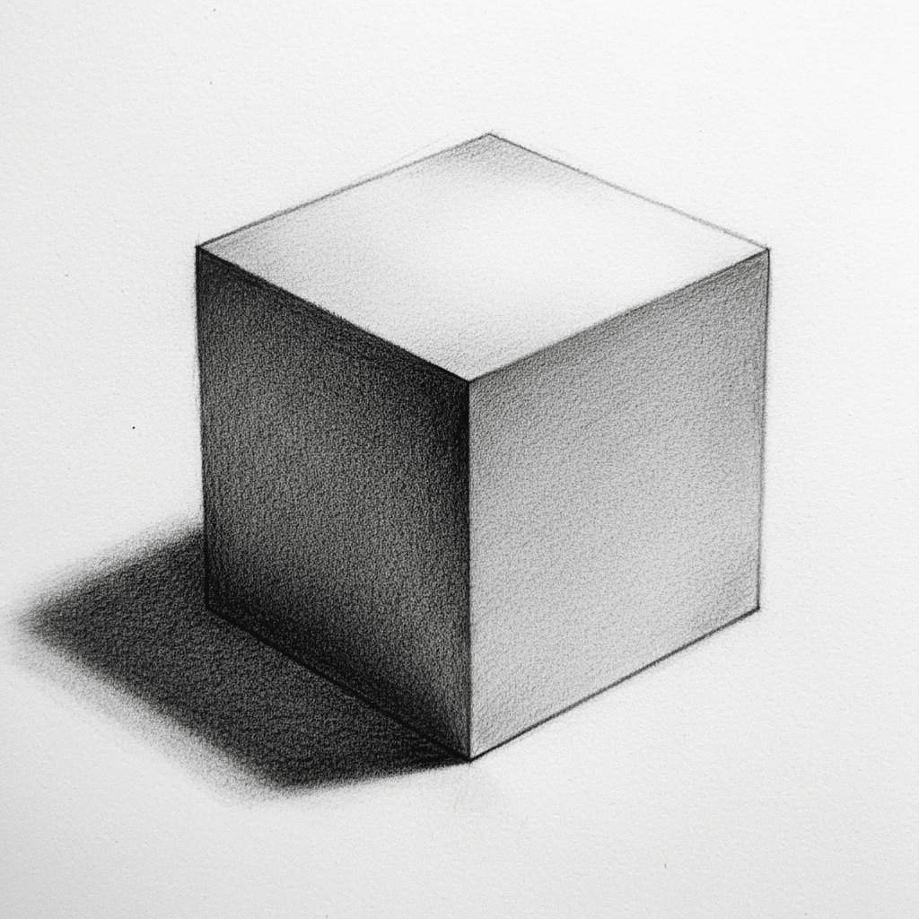 Pencil drawing of a 3D cube with shadow on a white surface, showcasing realistic shading and fine art techniques.