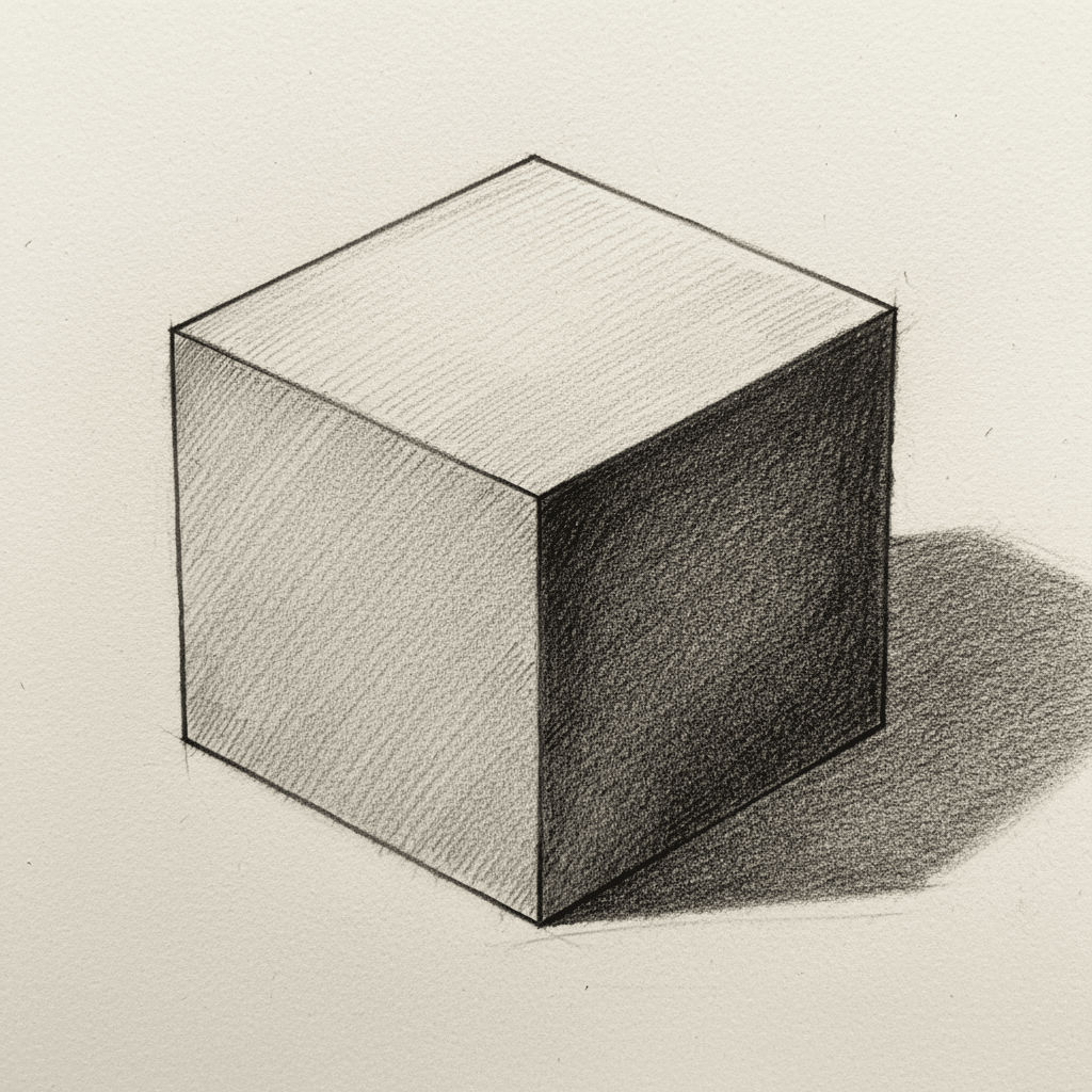 Pencil sketch of a 3D cube on paper, highlighted with shading and shadows, showcasing geometric drawing techniques.