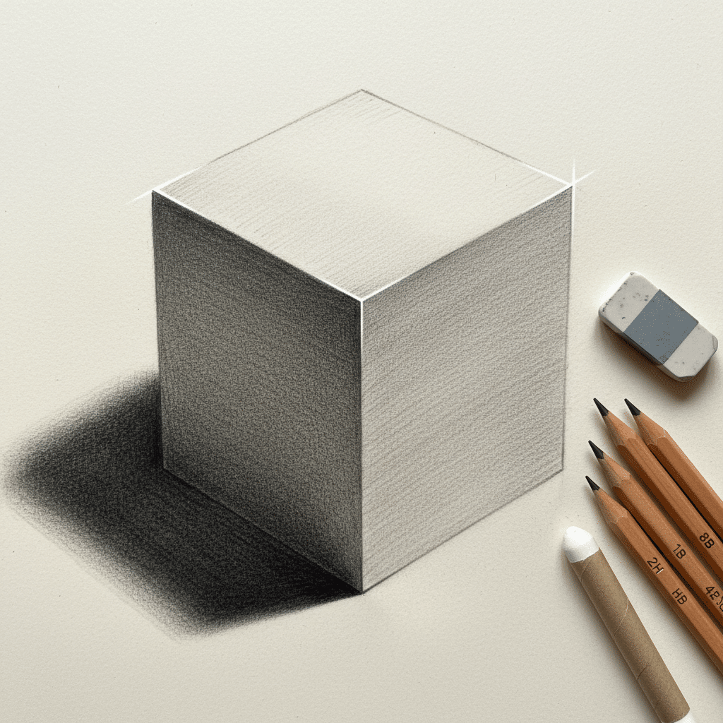 Pencil drawing of a shaded cube on paper with realistic shadows, nearby pencils, an eraser, and a blending stump, showcasing shading technique.