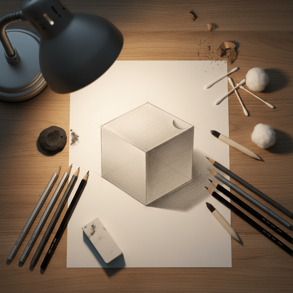 Pencil sketch of a 3D cube on paper, surrounded by pencils, eraser, and shading tools on a wooden desk under a lamp.