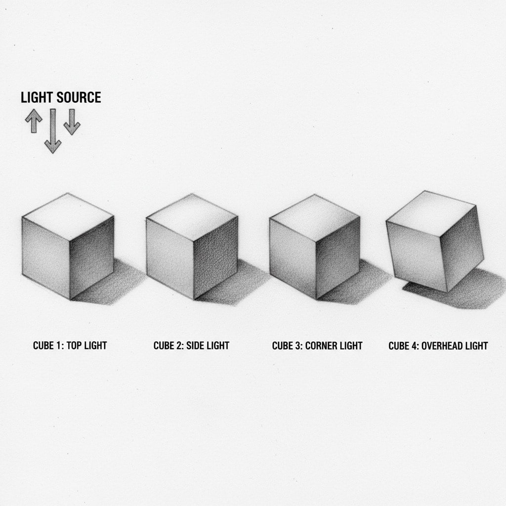Four cubes under different lighting: top, side, corner, and overhead, illustrating shadow variations. Light source indicated with arrows.