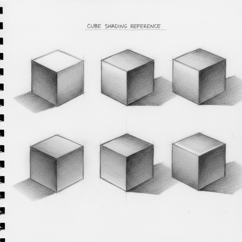 Set of six shaded cubes demonstrating different light angles in sketch format for art reference and drawing practice.