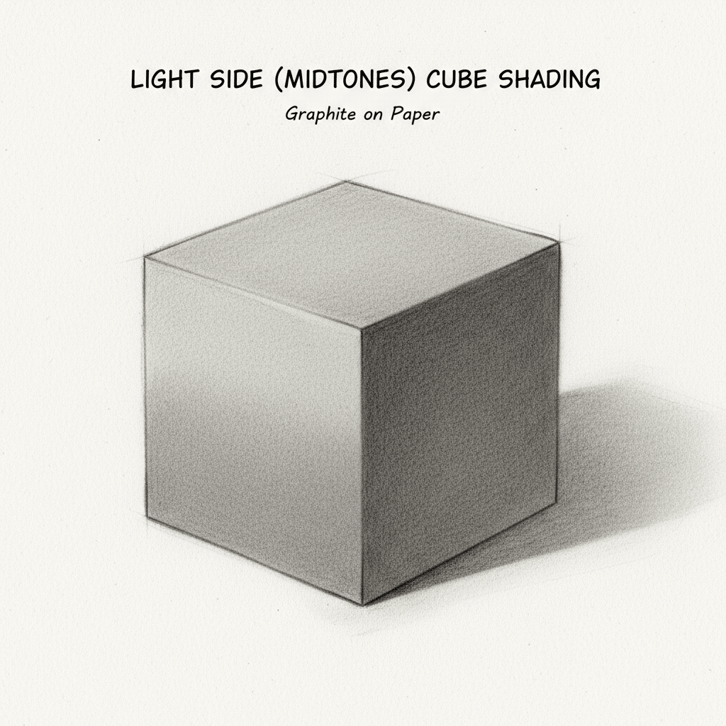 Graphite drawing of a cube showcasing light side midtones shading technique. Ideal for art tutorials on shading basics.