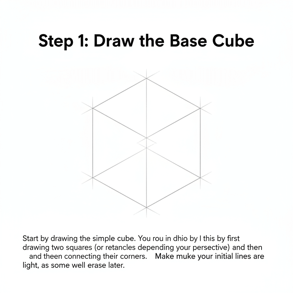Step 1: Learn how to draw a base cube with light pencil lines, starting with two squares and connecting corners for 3D effect.