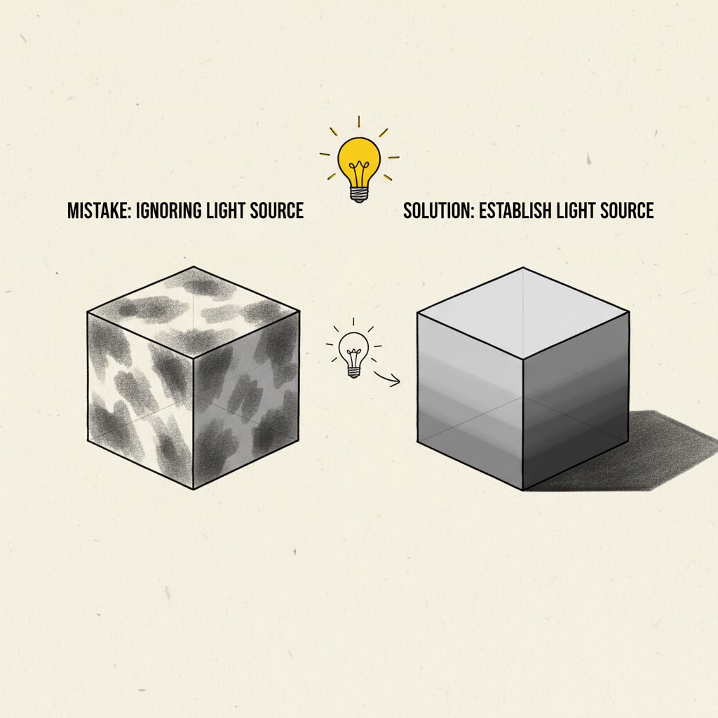 Illustration of cubes showing the mistake of ignoring a light source versus the solution of establishing a light source for better shading.
