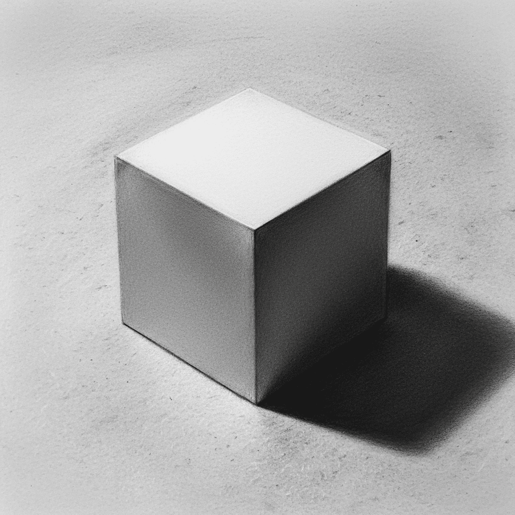 Minimalist black and white illustration of a shaded cube on a textured surface, highlighting shadows and light contrast. how to draw a cube shading