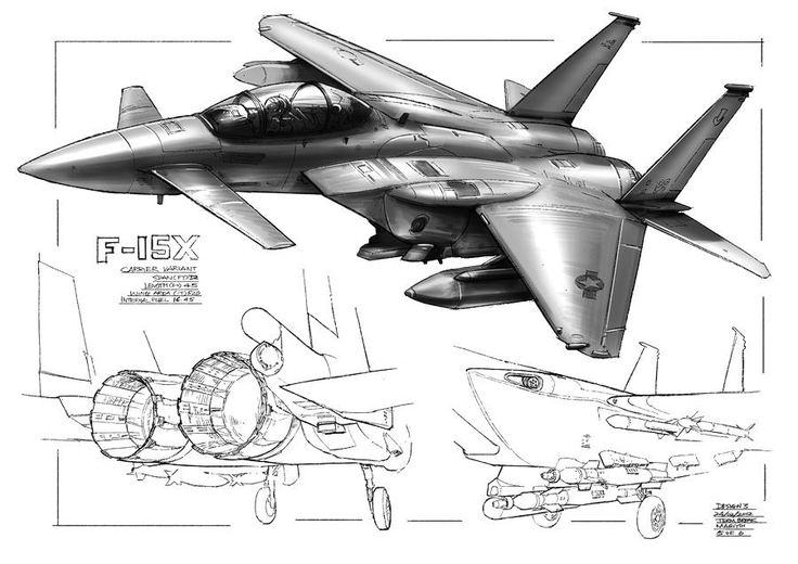 Detailed F-15X fighter jet sketches showcasing design and features, highlighting aerodynamic structure and advanced technology elements.