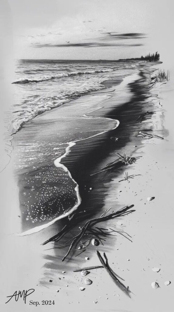 amrmo75 ideogram Black and white drawing of a serene beach with waves, shells, and driftwood, capturing the essence of coastal tranquility. | Sky Rye Design Black and white drawing of a serene beach with waves, shells, and driftwood, capturing the essence of coastal tranquility.