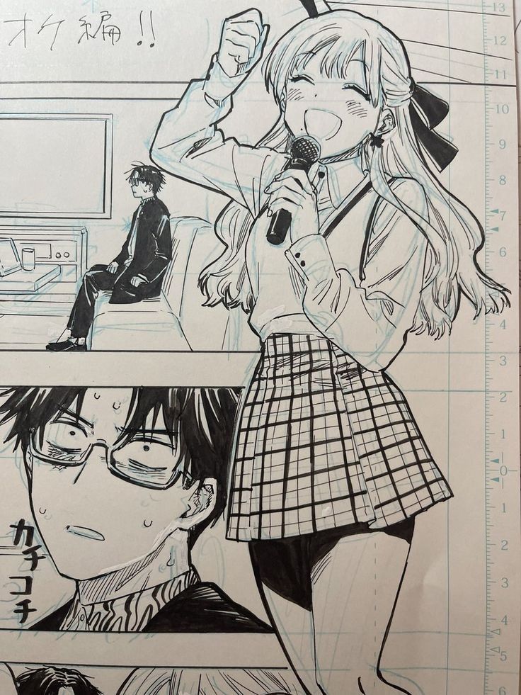 dtx6jysr6tjr Anime scene: Girl sings passionately into a microphone while a surprised boy watches in the background. | Sky Rye Design Anime scene: Girl sings passionately into a microphone while a surprised boy watches in the background.