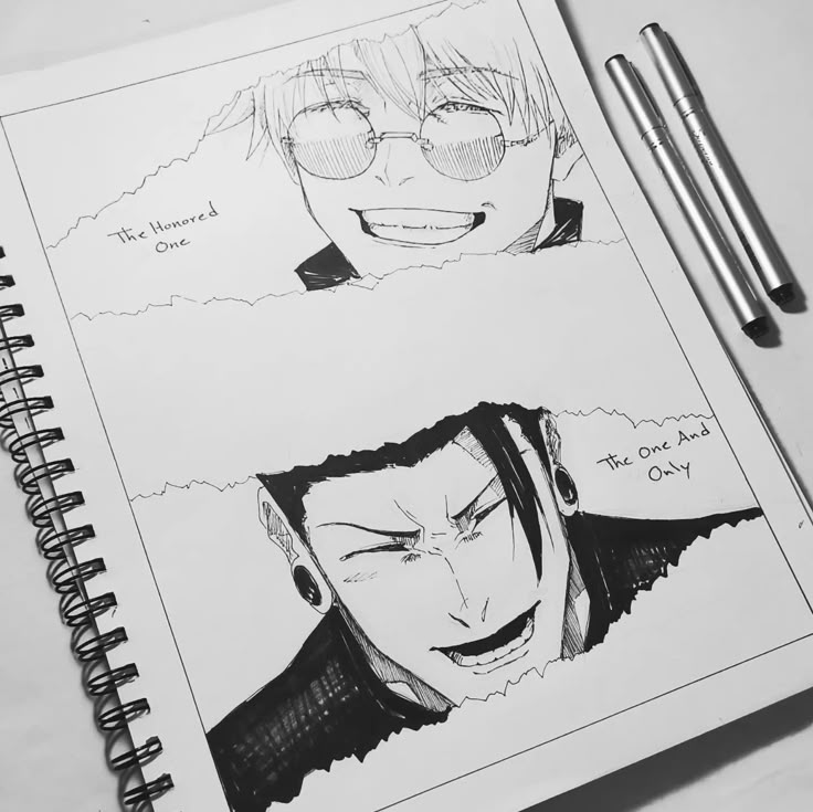 art drawing inking mangaart animedrawing Black and white manga-style sketch of two characters with pens on a notebook. | Sky Rye Design Black and white manga-style sketch of two characters with pens on a notebook.