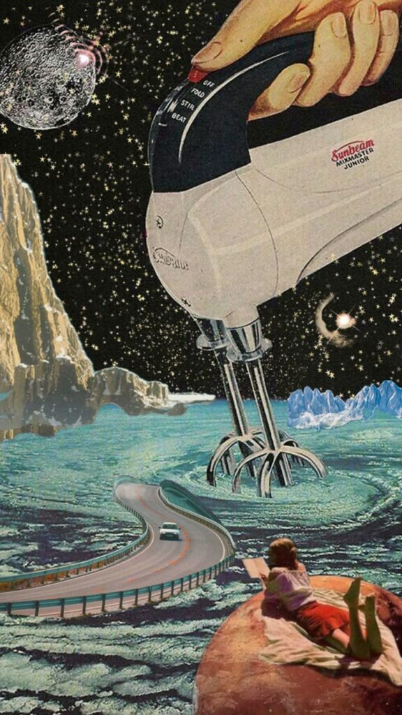 Surreal collage: a giant hand mixer in space, a road with a car, and a child reading on a rocky surface under a starry sky.