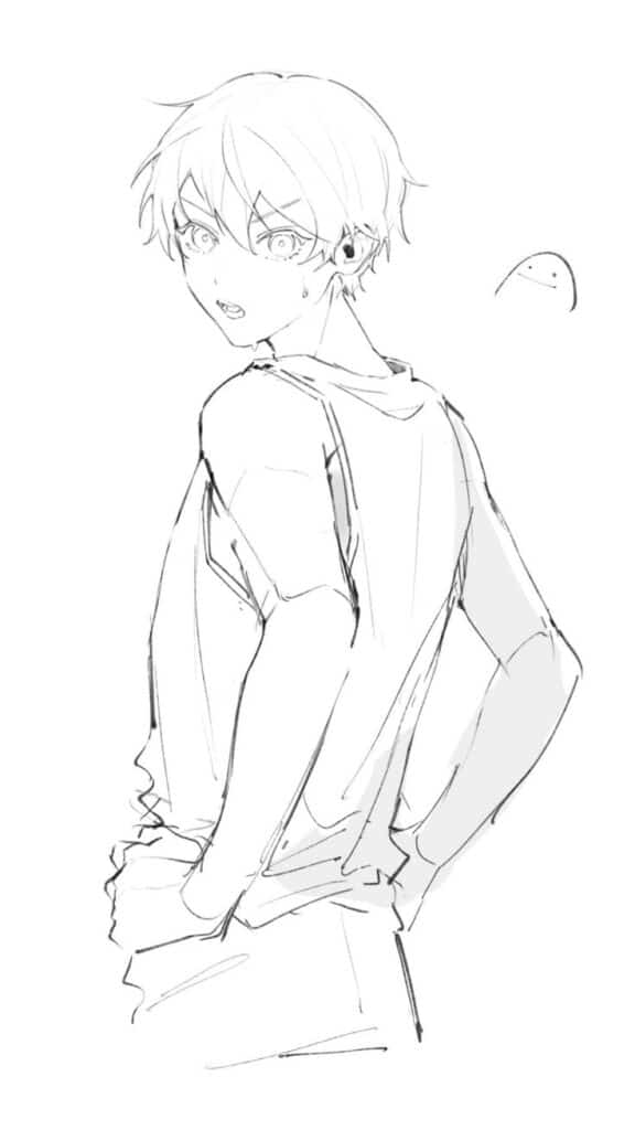 b zdf Anime sketch of a surprised boy looking back with a small creature in the background, pencil drawn illustration. | Sky Rye Design Anime sketch of a surprised boy looking back with a small creature in the background, pencil drawn illustration.