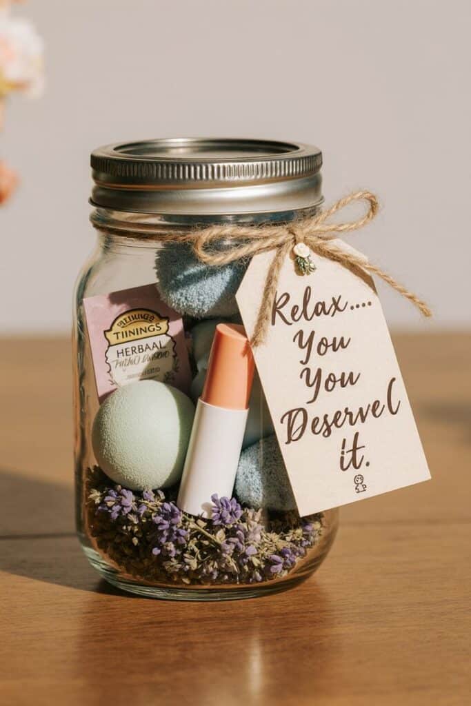 Gift jar with tea, bath bombs, and lip balm, labeled Relax... You Deserve it, on a wooden surface.