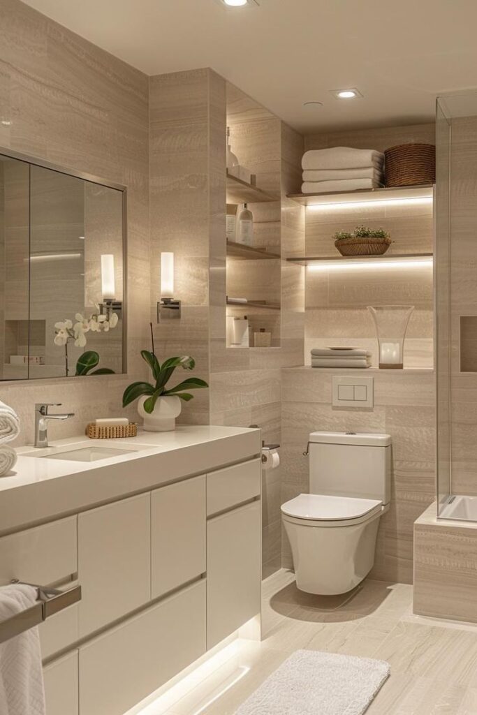 Sleek modern bathroom with elegant beige tiles, white fixtures, built-in shelving with ambient lighting, and a touch of greenery.