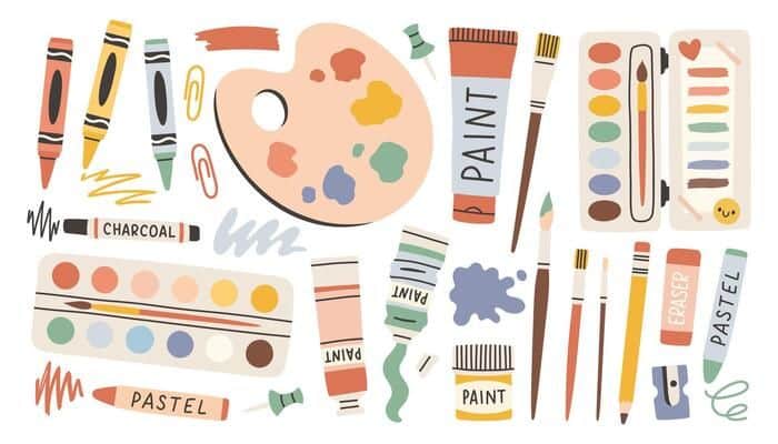 Illustration of art supplies: brushes, paints, palette, pencils, pastels, and charcoal, ideal for creative projects and artistic inspiration.