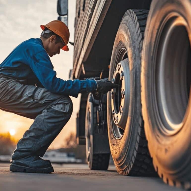 Mechanic inspecting truck tire at sunset, wearing safety gear. Professional maintenance check focuses on wheel safety and reliability.