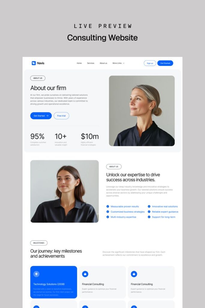 Consulting website preview showcasing firm overview, services, milestones, and achievements. Enhance business growth with expert strategies.