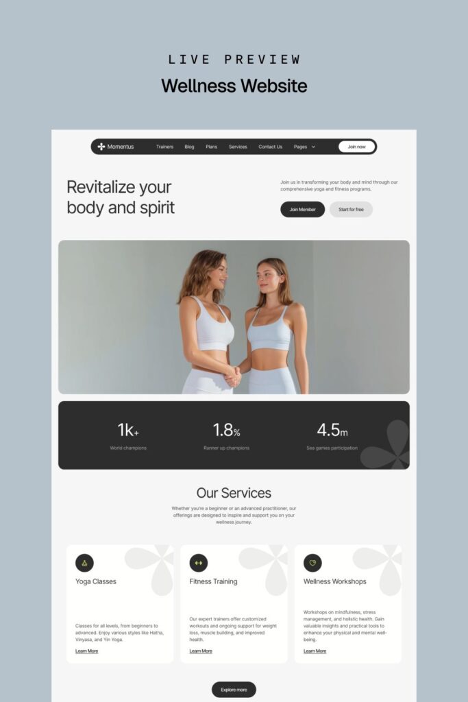Live preview of a wellness website showcasing yoga, fitness, and wellness workshops to revitalize body and spirit. Join now!