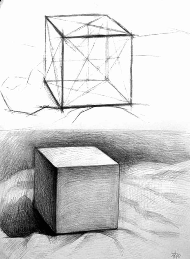 Sketch of a cube with construction lines above and a shaded solid cube below, showcasing drawing techniques and perspectives.