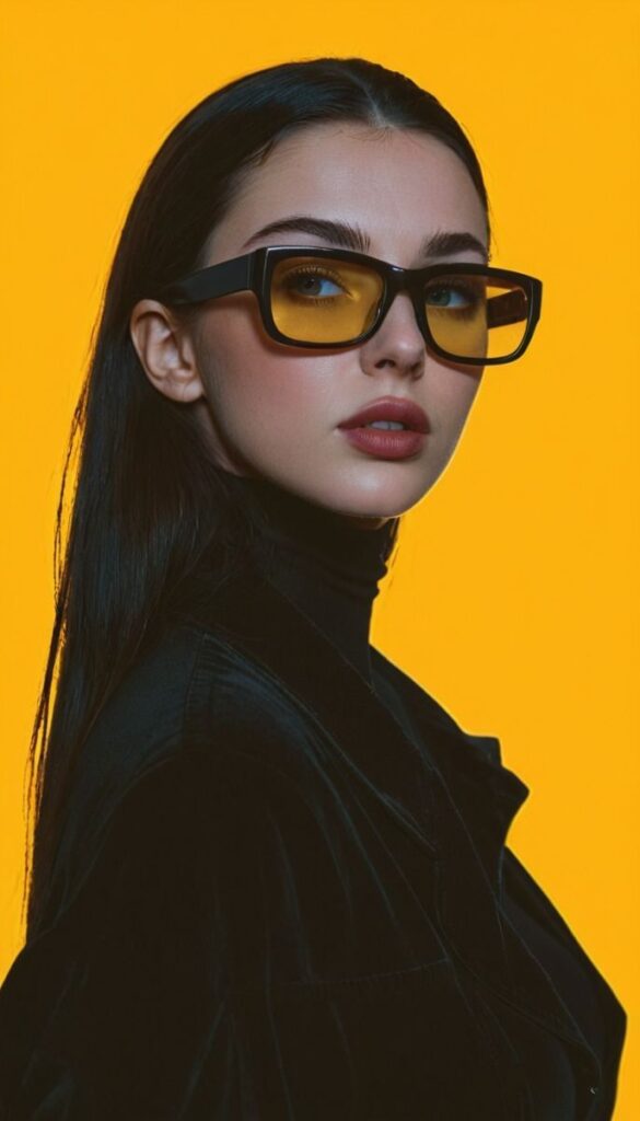 Stylish woman with long dark hair wearing bold sunglasses against a vibrant yellow background. Model fashion photography.