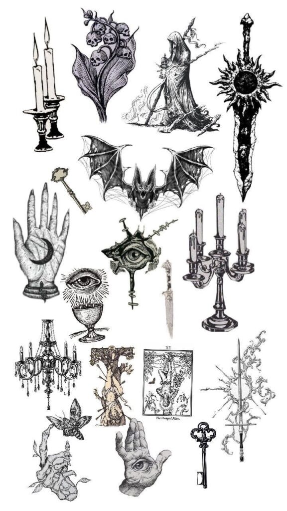 Assorted gothic illustrations featuring skulls, mystical eyes, candles, a bat, a sword, and tarot motifs on a white background.