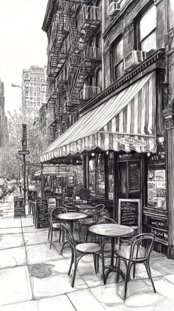 b99a7afe-d4e7-4f54-81dd-099c26795af1 Black and white sketch of a city street cafe with outdoor tables, striped awning, and tall urban buildings. Cozy urban atmosphere. | Sky Rye Design Black and white sketch of a city street cafe with outdoor tables, striped awning, and tall urban buildings. Cozy urban atmosphere.